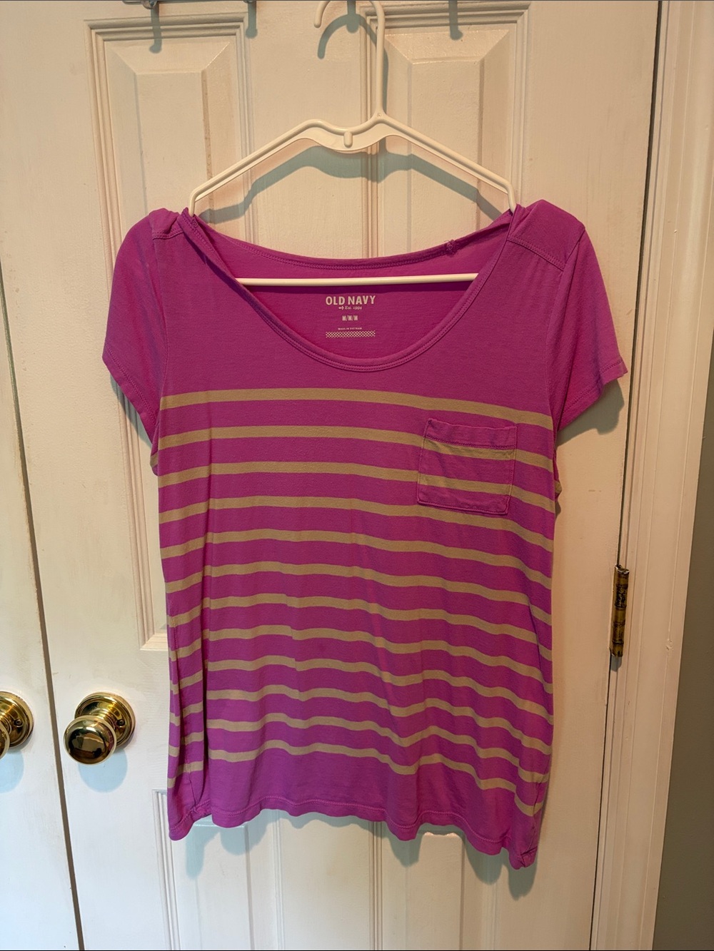 Old Navy Purple and Tan Striped Pocket Tee